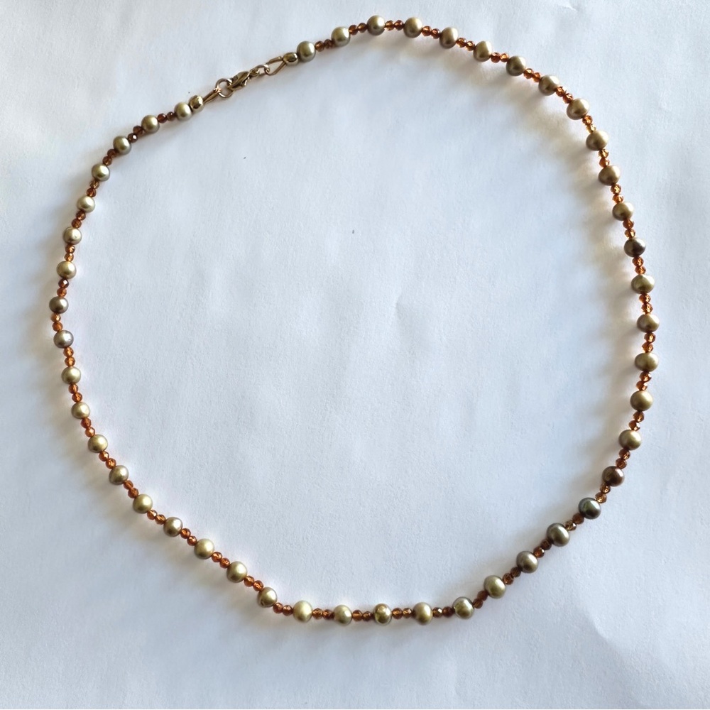 Pearl and Hessonite Garnet Beaded Necklace
